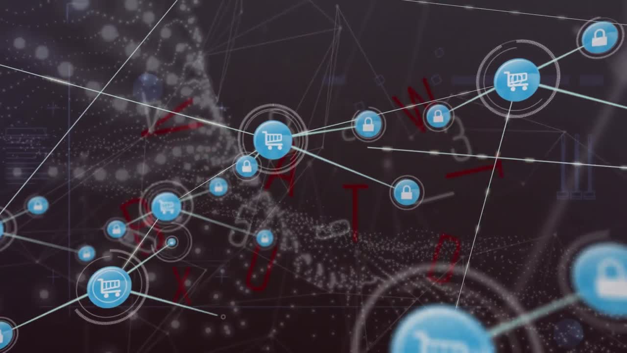 animación de la red de conexiones con iconos sobre el procesamiento de datos sobre fondo negro