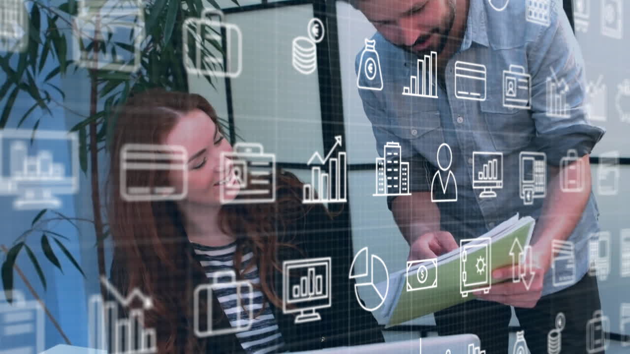 animación de iconos de negocios sobre colegas caucásicos discutiendo el trabajo