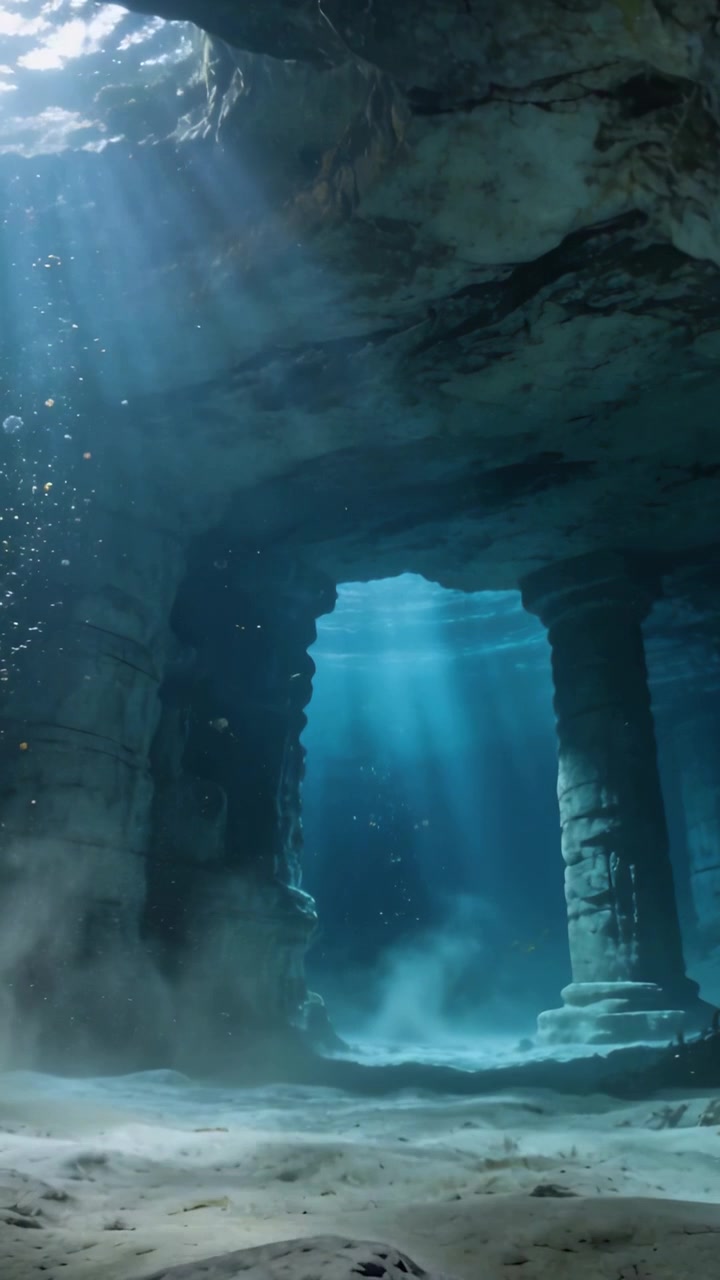 Vertical video: Framing stone arch two pillars at seabed as light entering opening stirring silt