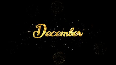 december beautiful golden greeting text appearance from blinking particles with golden fireworks background.