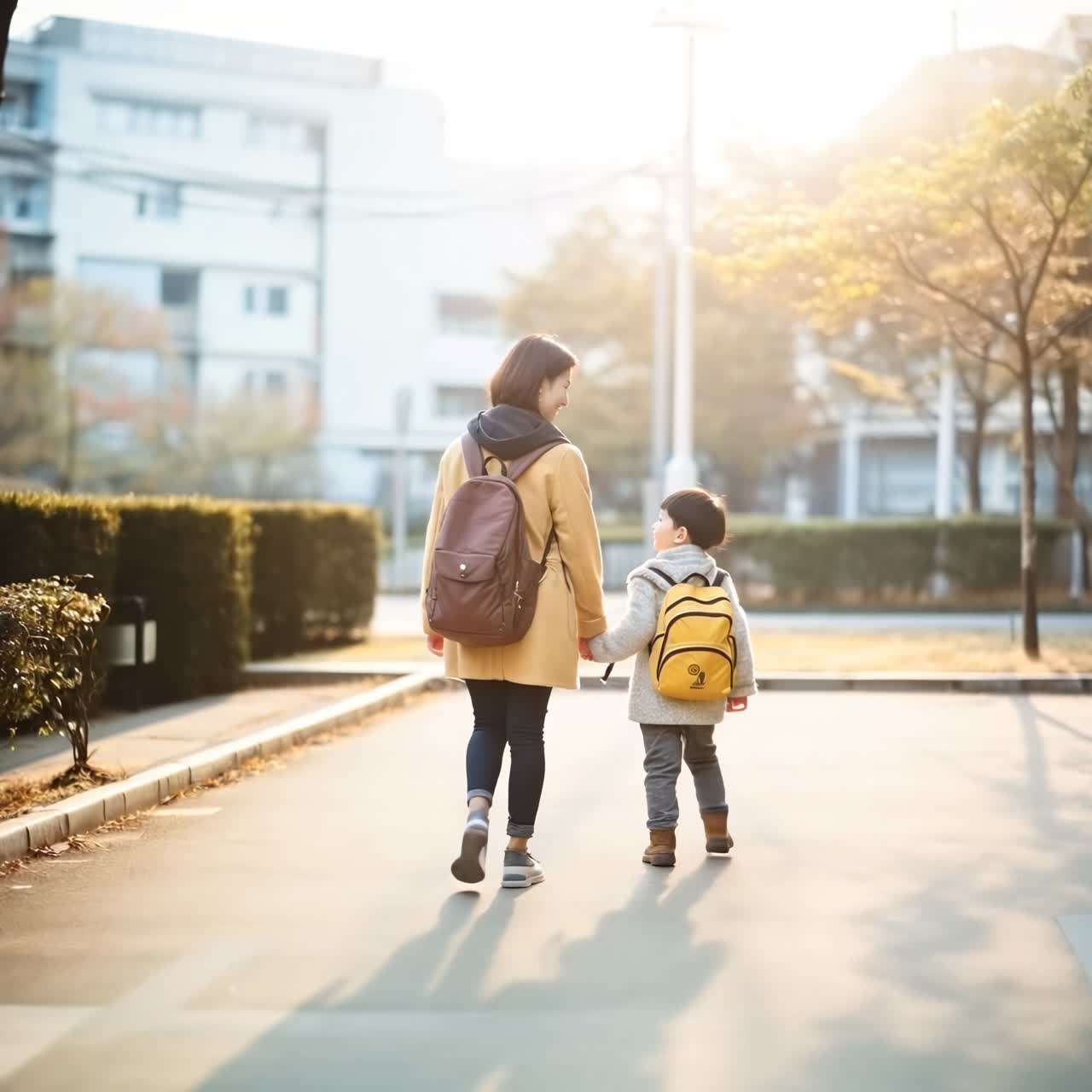 A heartwarming video scene of a parent and child walking away on a sunlit street
