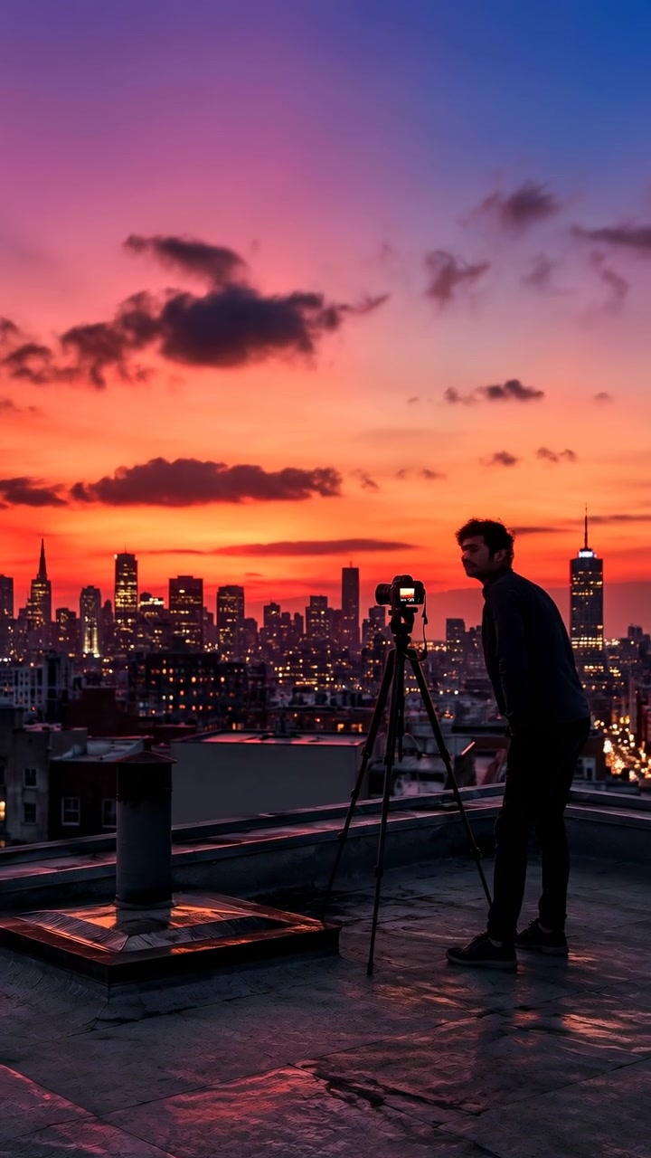 Un momento sereno e contemplativo di persone che osservano il tramonto da un tetto urbano al crepuscolo. L'inquadratura dall'alto cattura lo skyline della città in vivaci tonalità blu e arancioni, con cemento.