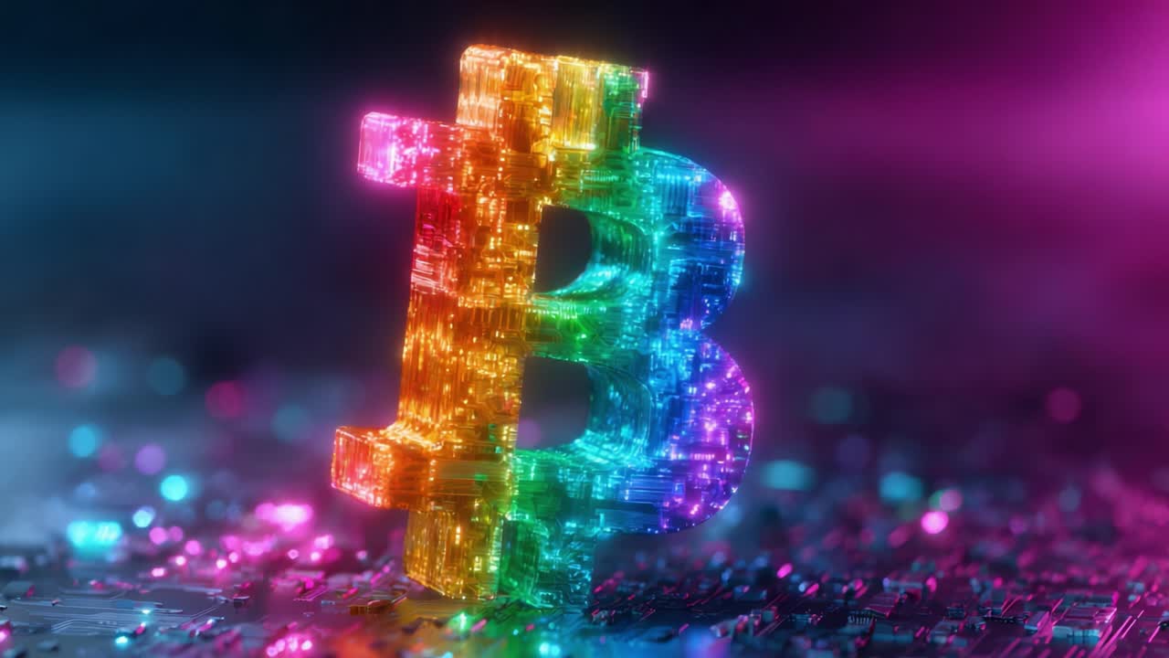 A Vibrant and Colorful Representation of Cryptocurrency with a Shimmering Bitcoin Symbol, Combining Modern Aesthetics and Digital Artistry in a Futuristic Setting