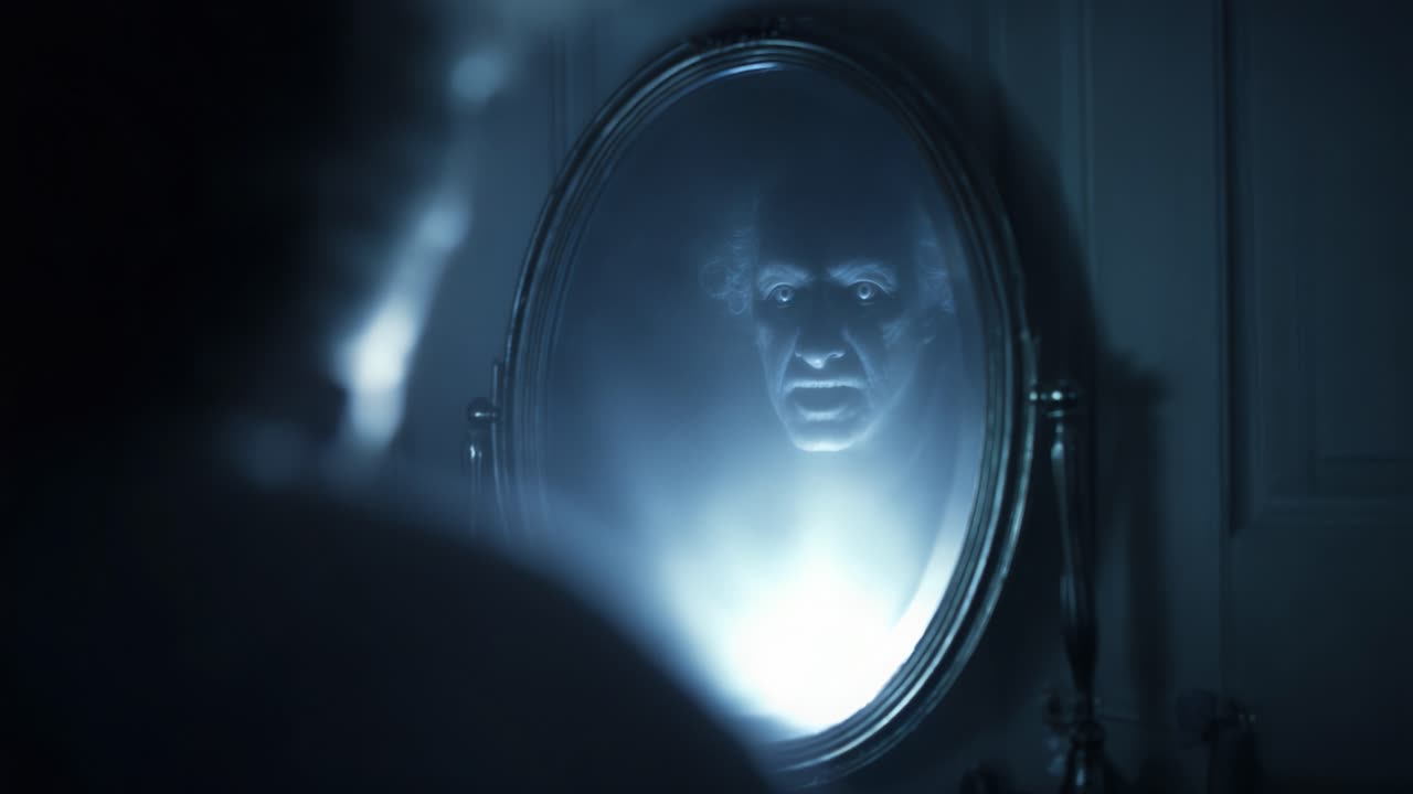 A Haunting Reflection: A Mysterious Encounter with a Ghostly Figure in a Foggy Mirror, Emphasizing the Chilling Atmosphere of the Scene and Its Eerie Lighting