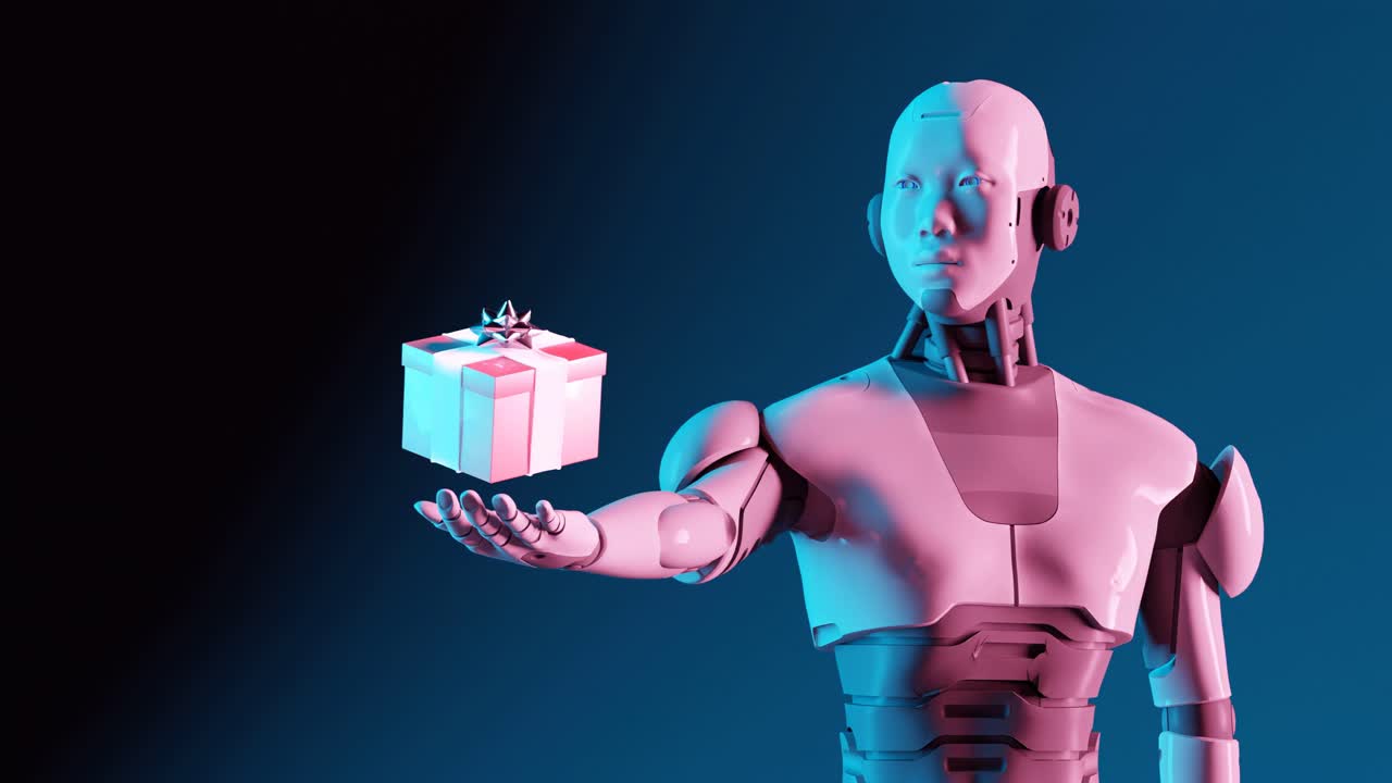 Prototipo di robot cibernetico umanoide che tiene in mano una confezione regalo per le festività natalizie.