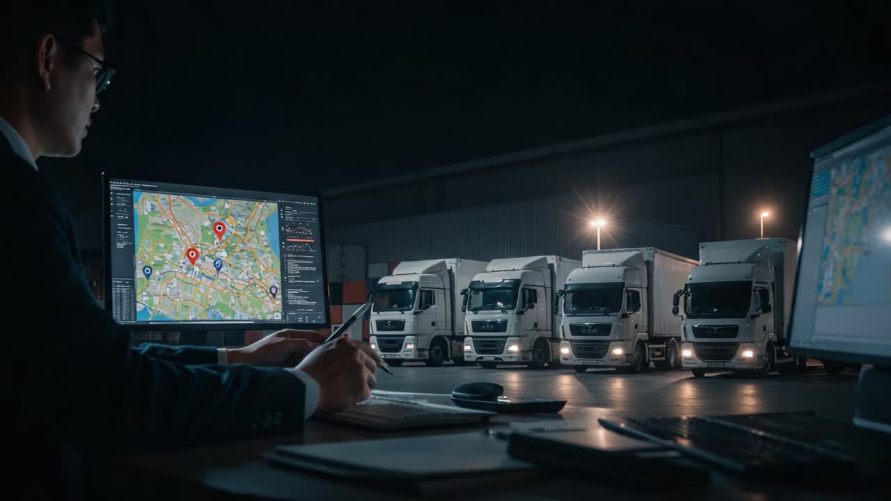Un responsabile delle operazioni monitora la logistica tramite schermi ad alta tecnologia, supervisionando una flotta di camion in un ambiente di magazzino scarsamente illuminato di notte.