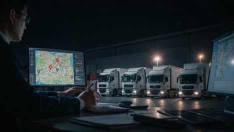 an operations controller monitors logistics via high-tech screens, overseeing a fleet of trucks in a dimly lit warehouse environment at night