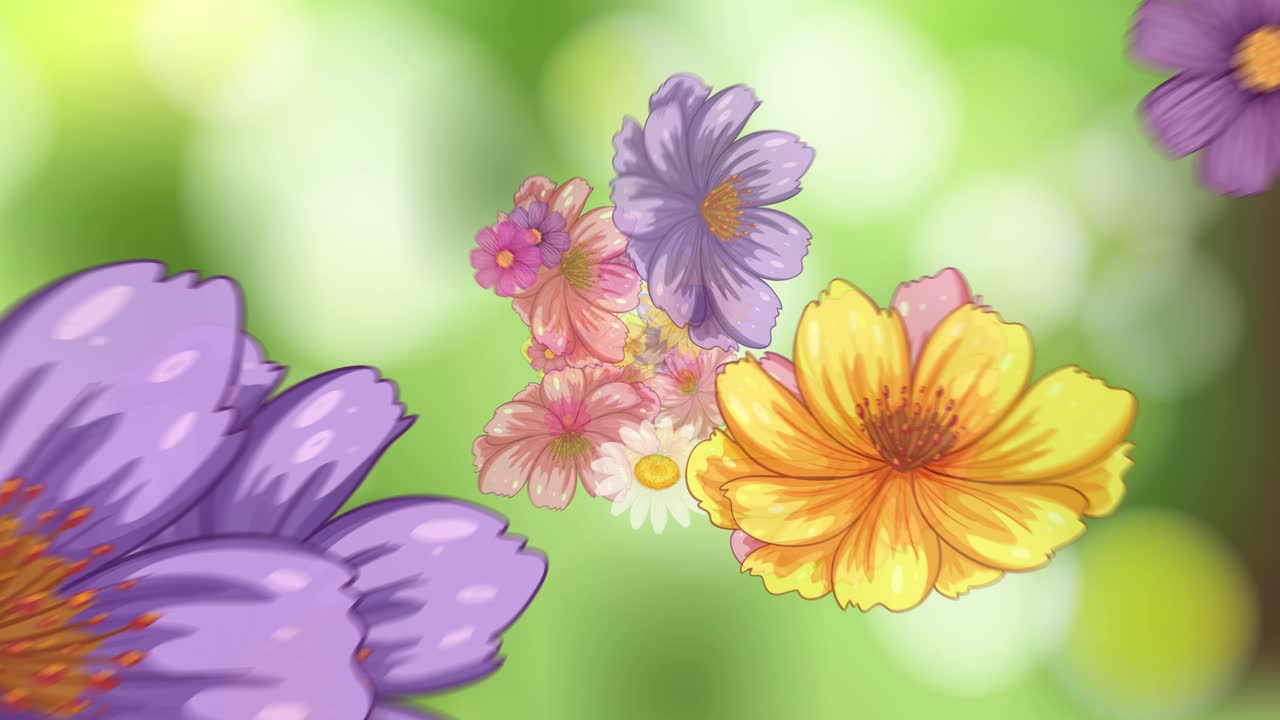Colorful wildflowers drift horizontally in a smooth, looping animation over a blurred green backdrop. The style is bright, cheerful, and painterly with soft lighting and bokeh effects