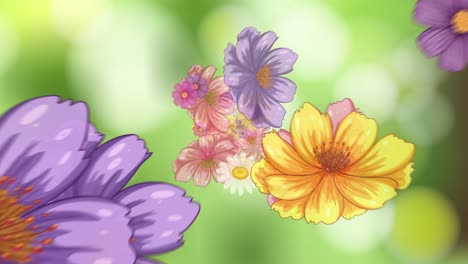 colorful wildflowers drift horizontally in a smooth, looping animation over a blurred green backdrop. the style is bright, cheerful, and painterly with soft lighting and bokeh effects