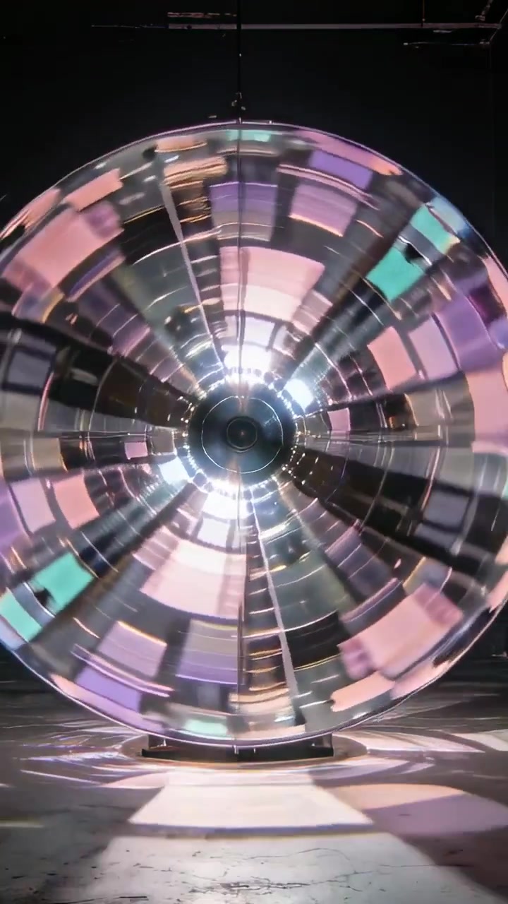 Video verticale: Disco a specchio rotante che proietta un mosaico pastello nello spazio, con luci che si accendono e attrezzature.