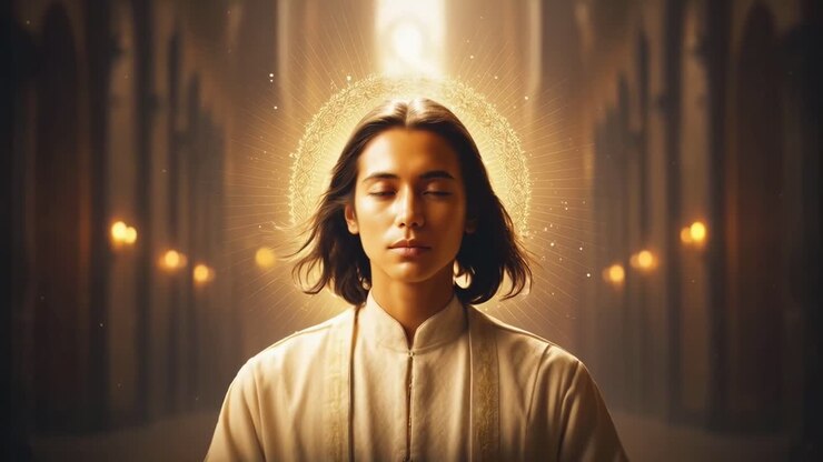 Una serena scena video di una figura meditativa con un'aureola, ripresa da un'angolazione frontale.