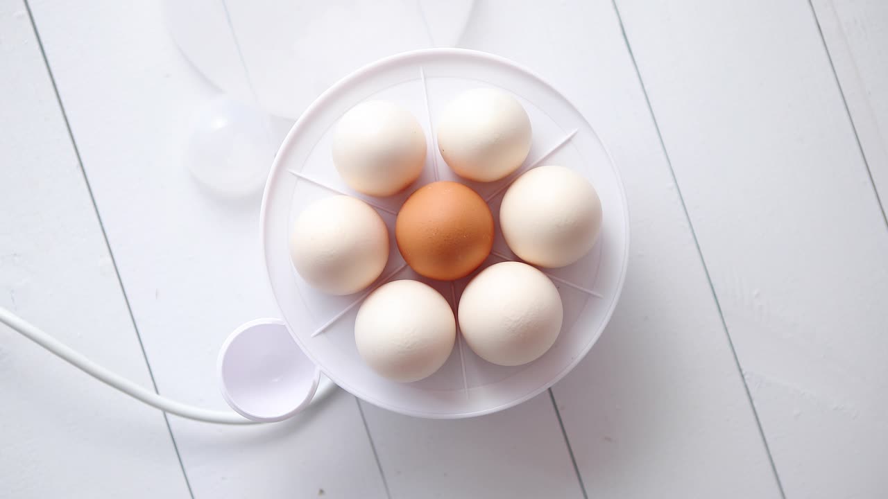 흰색 나무 테이블에 계란 전기 밥솥에 닭고기 달걀