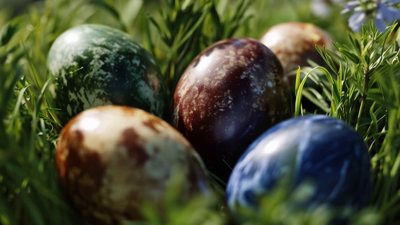 Eggs rest in lush green grass. Soft light bathes the scene gently. Colorful eggs glow with natural beauty. Flowers peek from behind the grass. Springtime stillness feels warm and peaceful