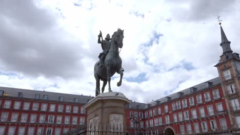 view around statue of philip iii in plaza mayor in a cloudy background, madrid, spain