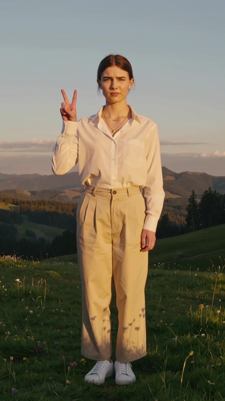 Video verticale: Telecamera che riprende una donna in camicia bianca che alza il segno della pace in un prato, in posa.