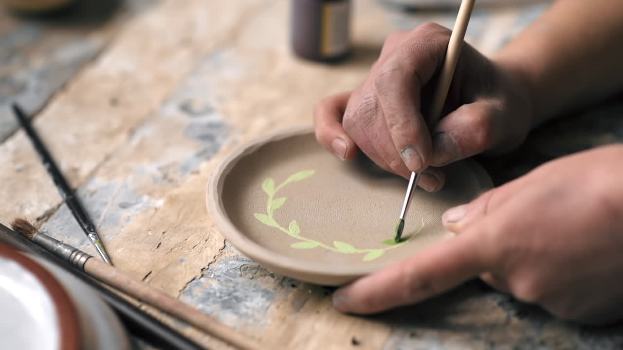 The master of sculpting pottery working in a studio. Painting the bottom of the plate with a brush. Slow motion