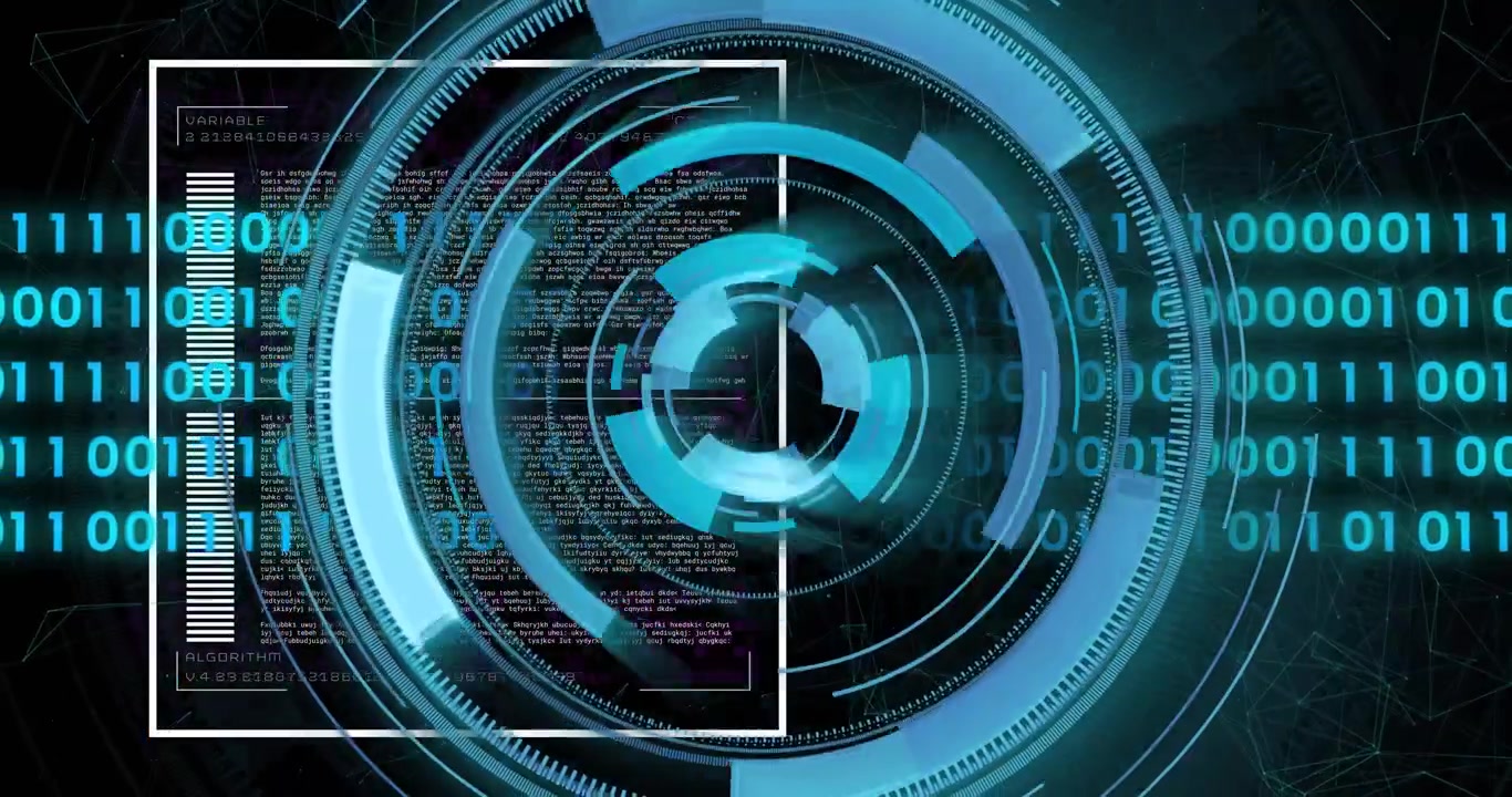 Cyan concentric HUD activating on signal, rings spinning inward, binary scrolling, visualizing data