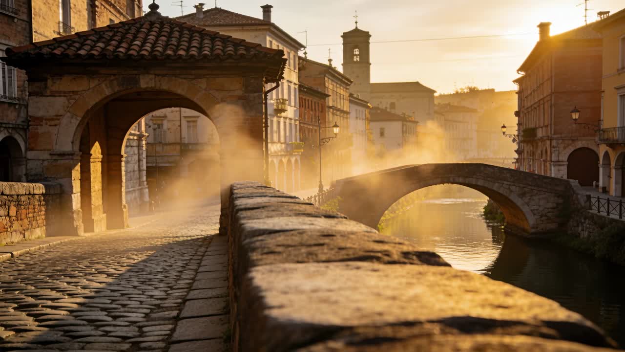 Telecamera che avanza, nebbia che si alza, sole che riscalda un parapetto in pietra verso un ponte ad arco per l'architettura.