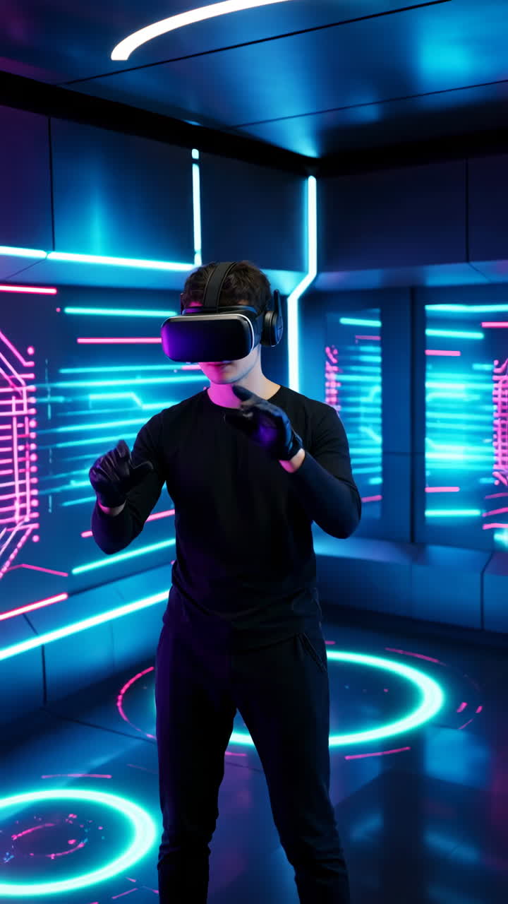 Man interacting with virtual reality in a futuristic neon environment