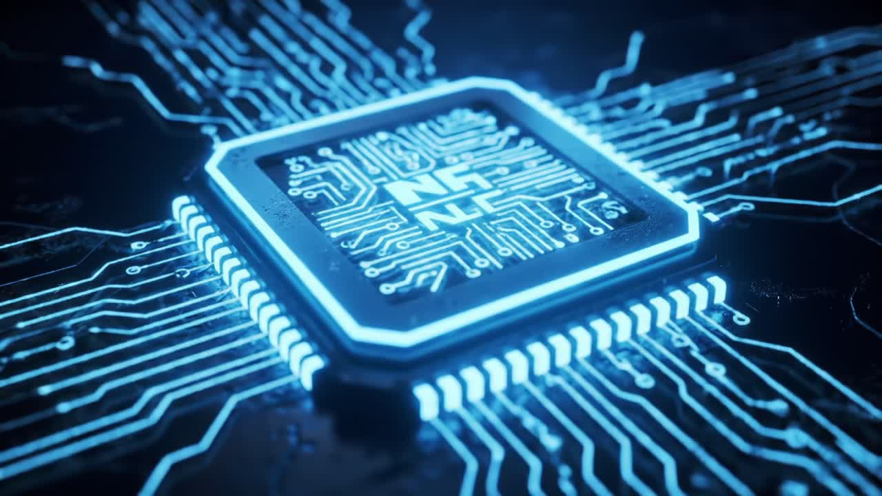 Deep dive into the details of an advanced circuit board showcasing intricate pathways and luminous blue illumination. The design highlights cutting-edge technology and innovation.