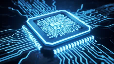 deep dive into the details of an advanced circuit board showcasing intricate pathways and luminous blue illumination. the design highlights cutting-edge technology and innovation.