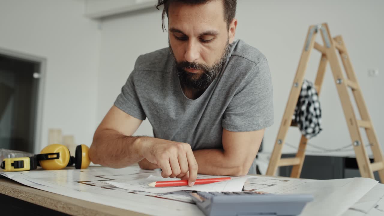 video de mano del carpintero calculando algo en la calculadora