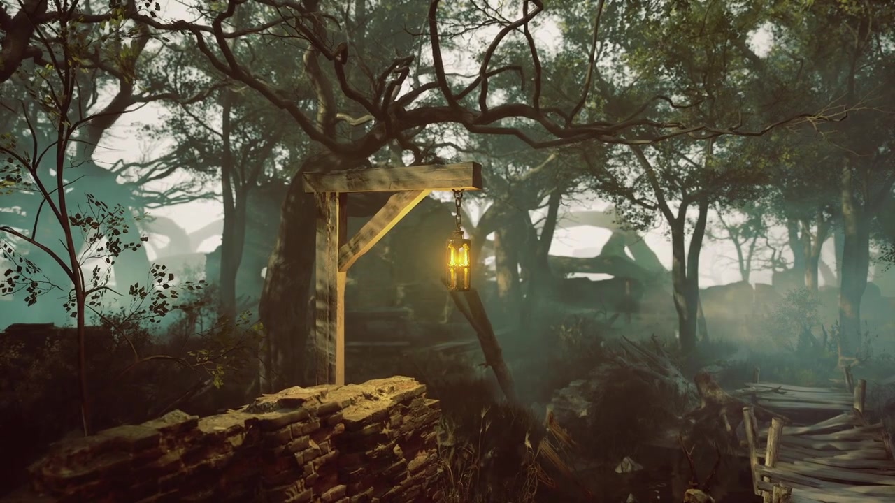 Mysterious lantern beckons in a foggy forest at dusk