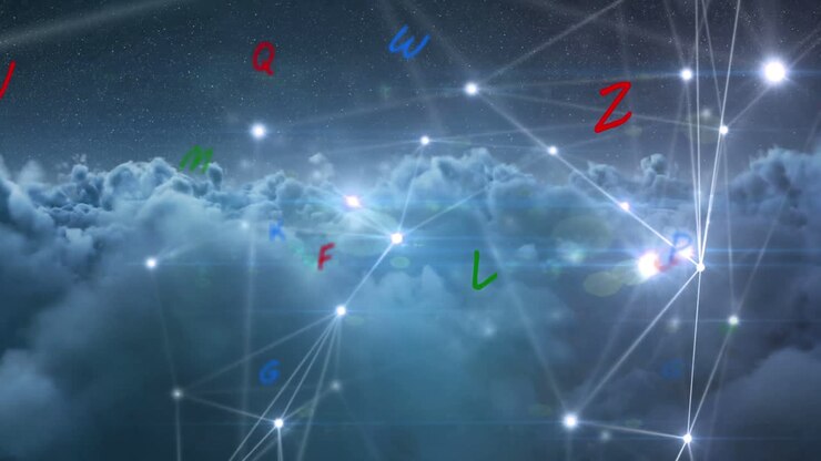 Animation of network of connections and letters on sky with clouds