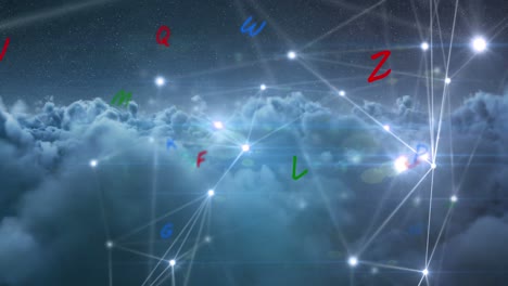 Animation-Eines-Netzwerks-Von-Verbindungen-Und-Buchstaben-Am-Himmel-Mit-Wolken