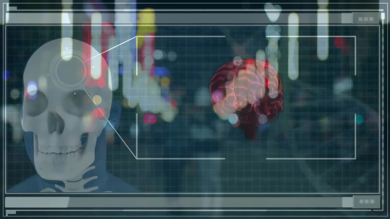 Digital brain scan animation over city lights and abstract background