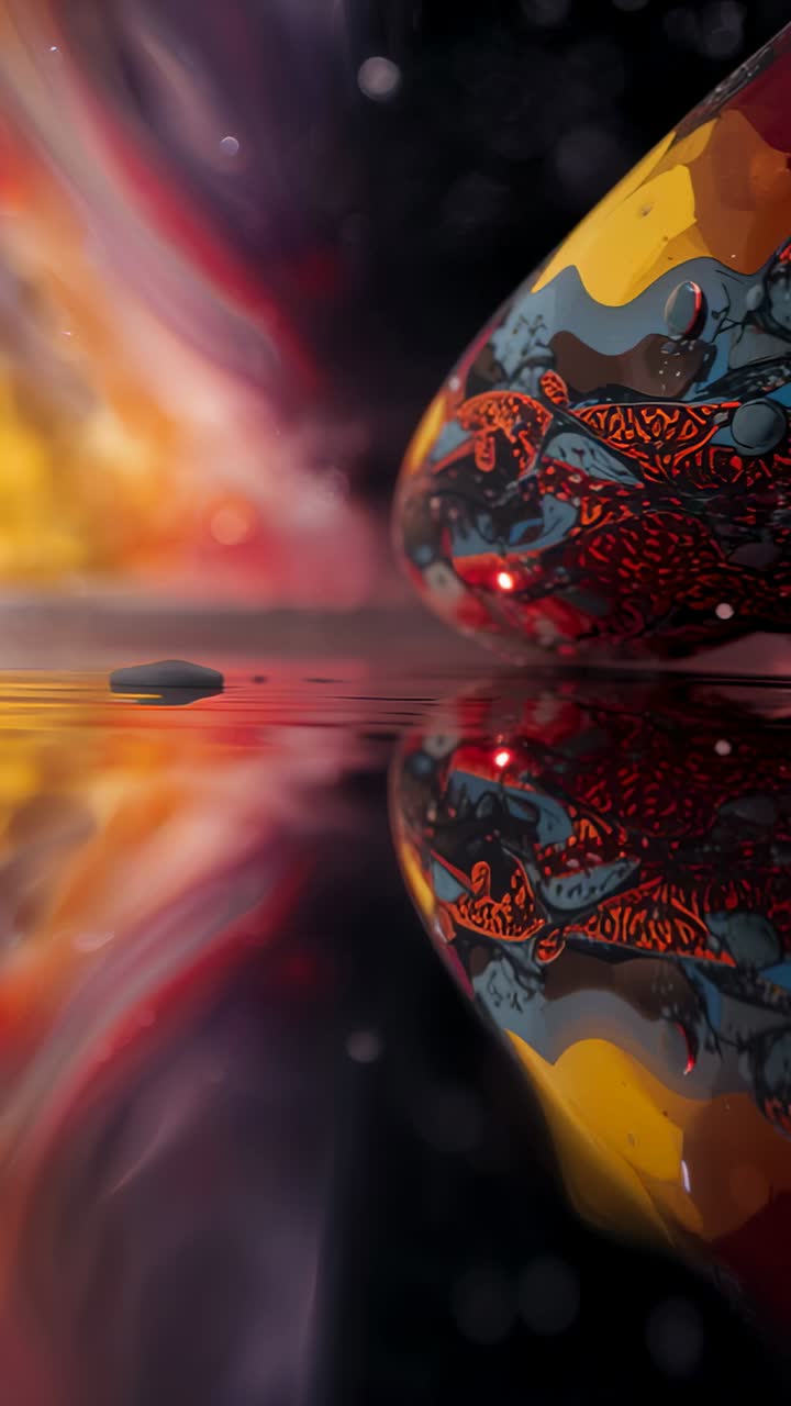 Vertical video: Moving camera revealing glossy orb on mirror, exposing painted cells and pink beads