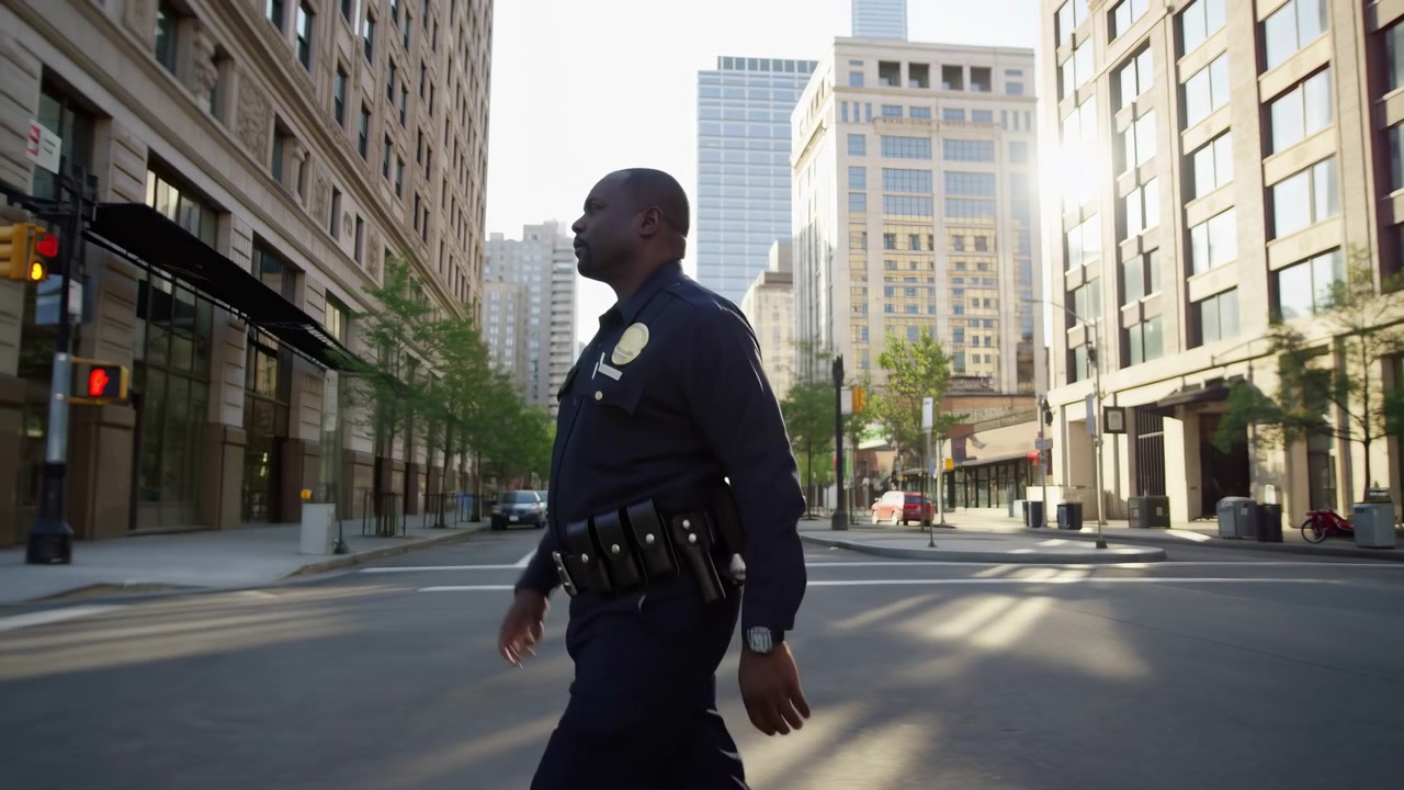Un agente prosegue lungo la strada con passi costanti mentre la luce solare brillante a bassa angolazione proietta lunghe ombre tra gli edifici della città, con strisce pedonali, marciapiedi, auto parcheggiate e segnali visibili