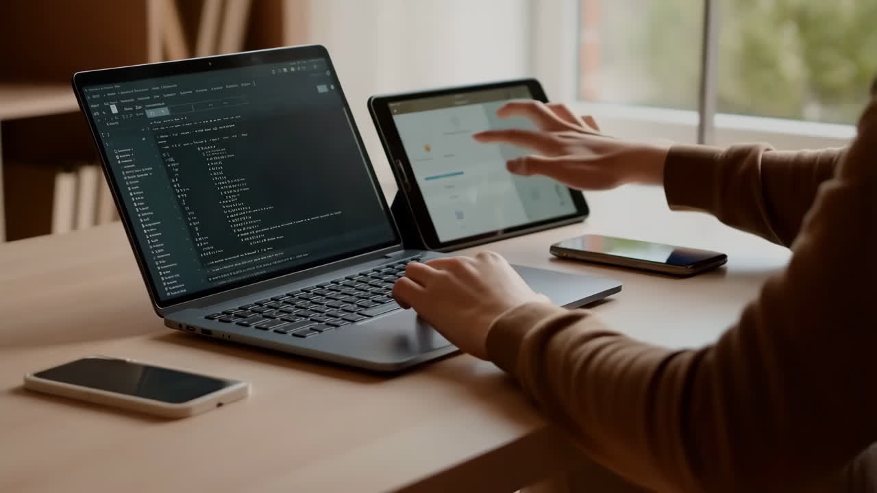 Person Working on Laptop and Tablet in a Modern Workspace
