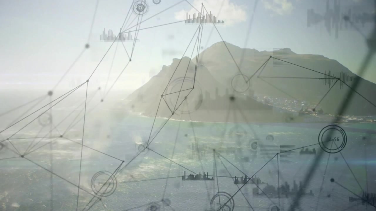 Network materializing over mountain and sea, nodes linking ships and skylines forming data mesh