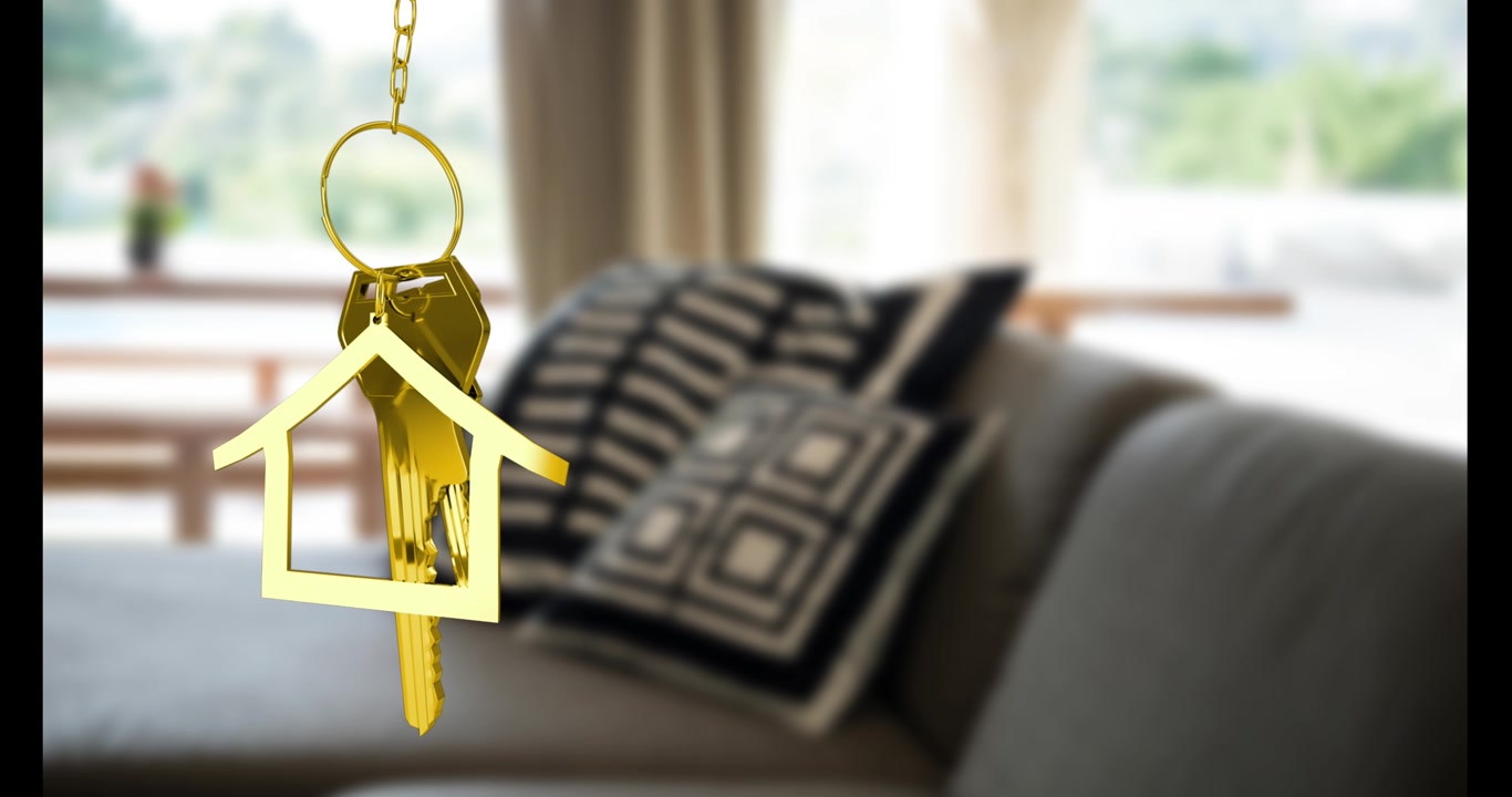 Animazione di chiave d'oro e casa su interni domestici