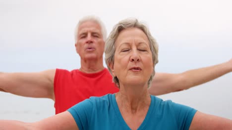 Rentnerehepaar-Macht-Yoga-Am-Strand