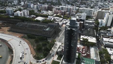 Aerial-Drone-Fly-Above-Punta-Carretas-Neighborhood-Montevideo-Uruguay-Daylight,-Streets,-Car-Traffic-and-Landmark-Architecture