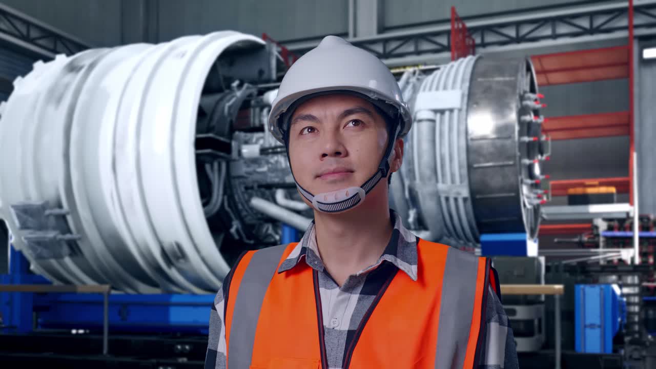 Close Up Of Asian Male Engineer With Safety Helmet Looking Around While Standing With Airplane Engine Maintenance Conducted, Analytics Checking the Turbine
