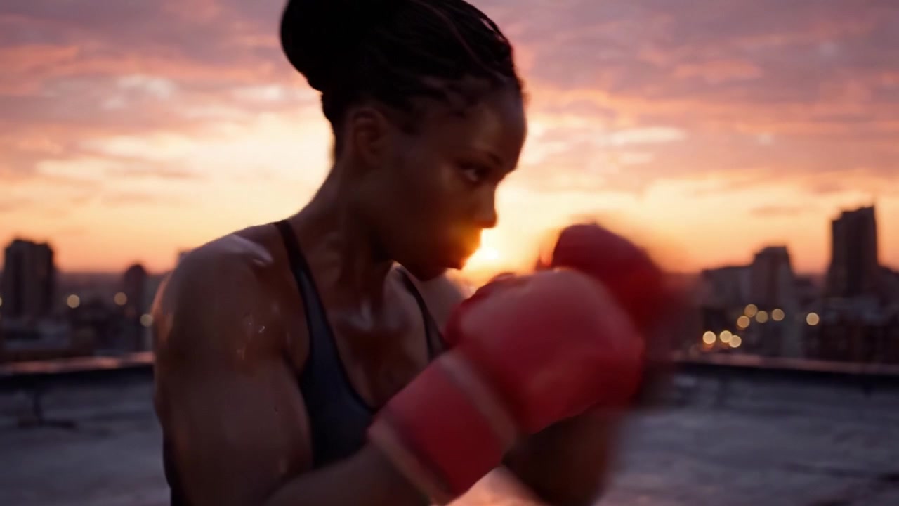Empowered Female Boxer Training at Sunset on Rooftop, Showcasing Strength, Skill, and Determination Against a Stunning Urban Backdrop