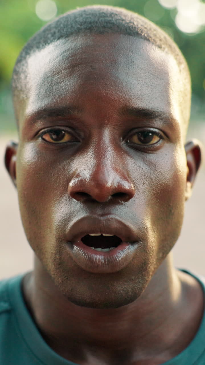 Close-up Portrait of a Sweating Man with an Intense Expression