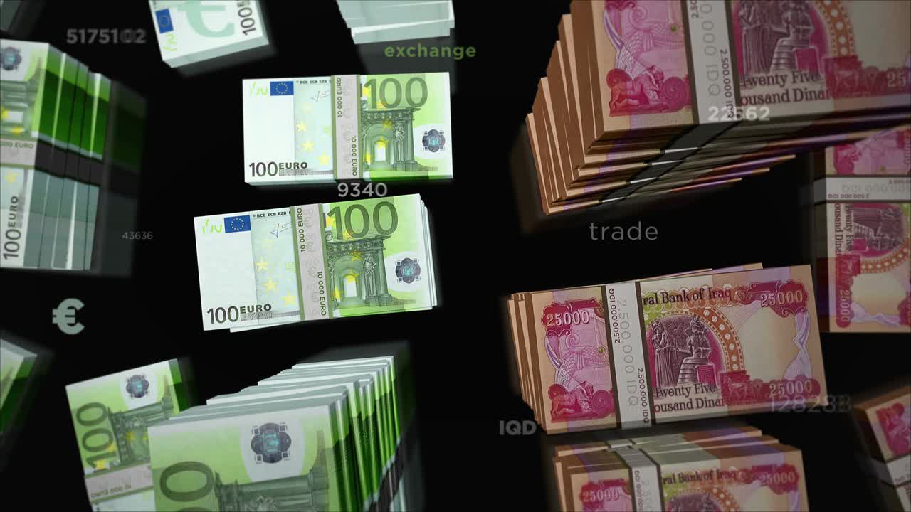 유로와 이라크 디나르 화폐 교환 루프 애니메이션