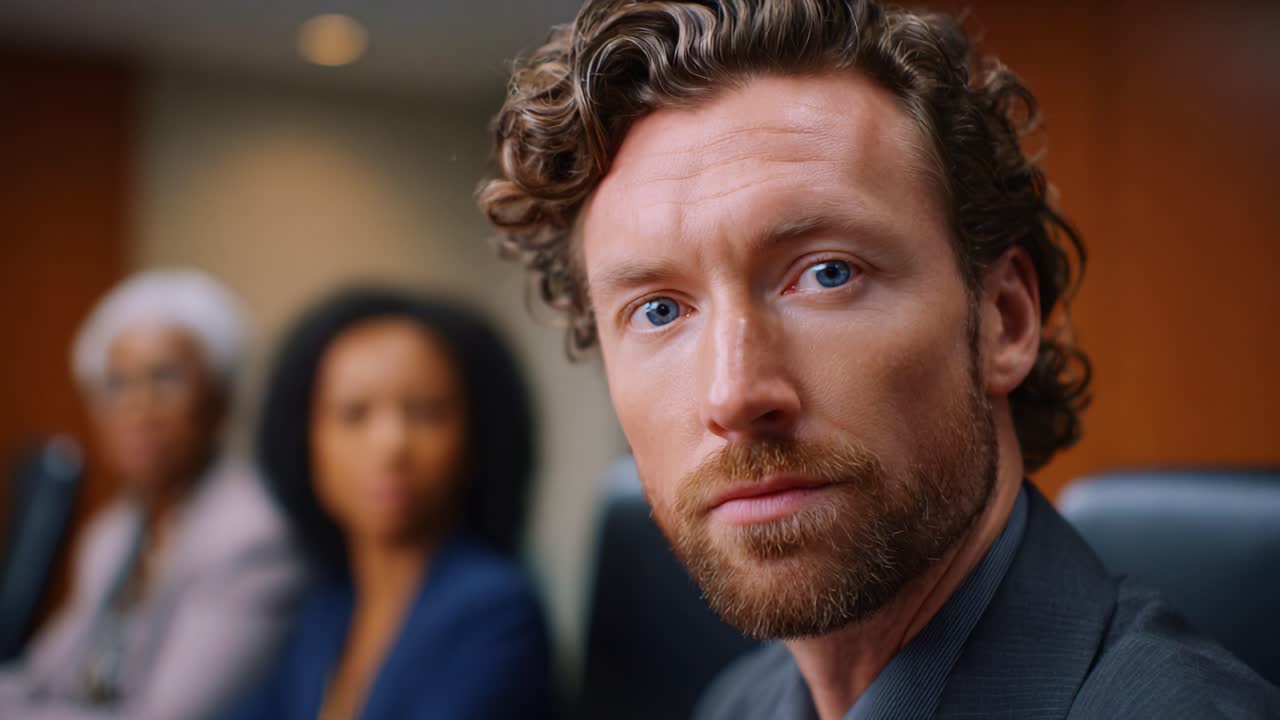 Intense Business Meeting: A Focused Man in a Conference Room Engaged in Discussion with Colleagues, Showcasing Professional Dynamics and Expressions