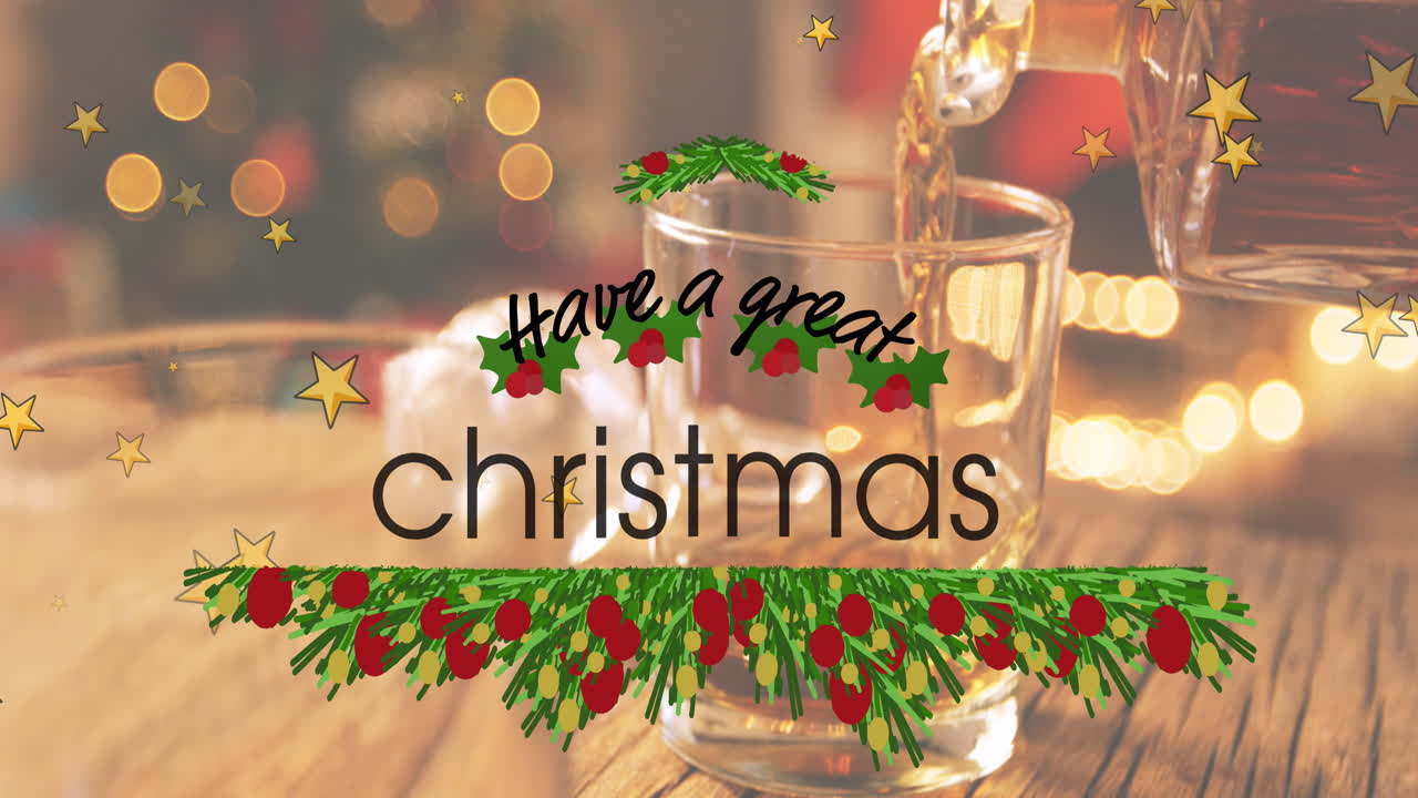 크리스마스 텍스트와 골드 스타, 위스키를 유리잔에  ⁇ 는 애니메이션