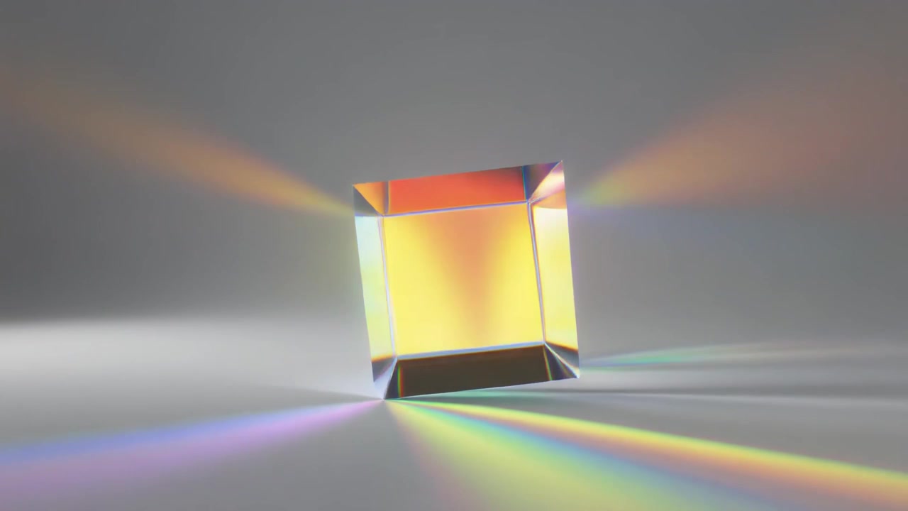 Cubo de Vidro Rotativo Refratando Luz em Espectro de Arco-Íris