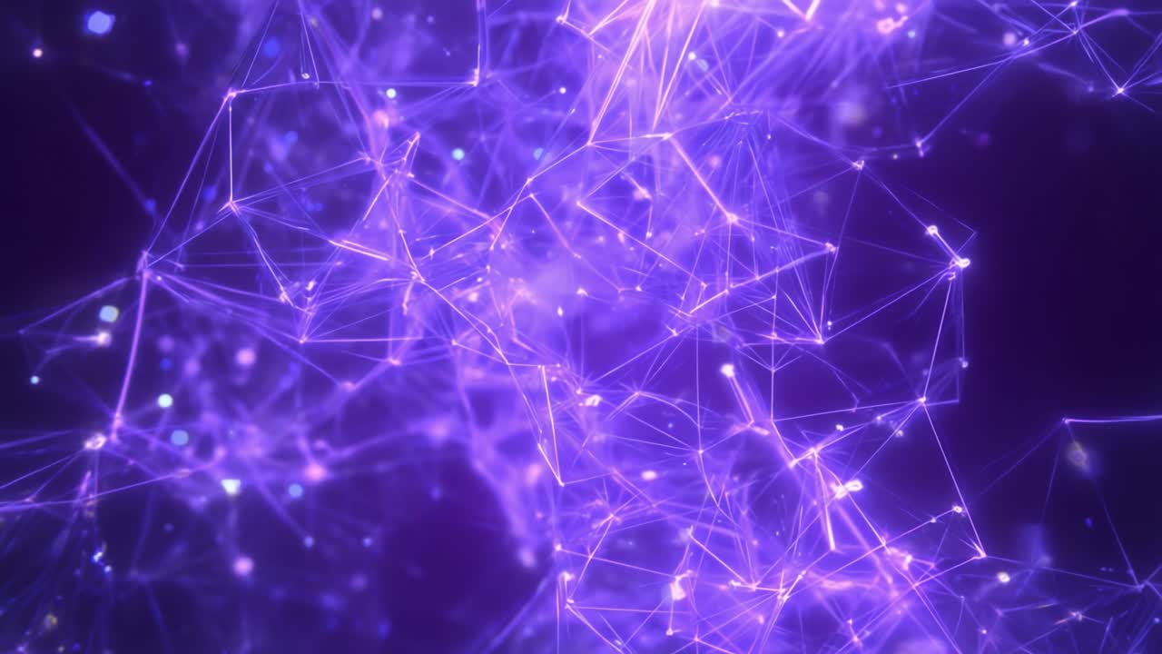 Purple abstract technology background with glowing connecting dots and lines, creating a plexus of network connections floating inside a digital, futuristic, and glowing environment