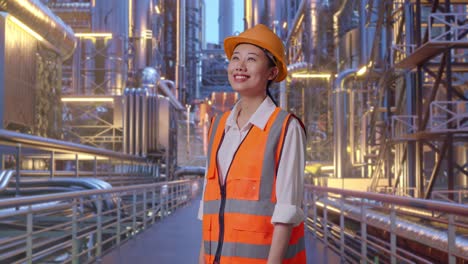 side view of asian female engineer with safety helmet looking around while standing at a vast oil refinery
