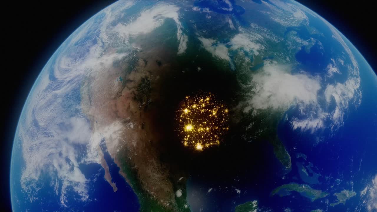 concepto de animación de la tierra 4k hdr, visualizando el eclipse solar del 8 de abril de 2024 en toda américa del norte, como se ve desde lo alto de la órbita sobre el planeta tierra, con las luces de la ciudad reveladas por la sombra