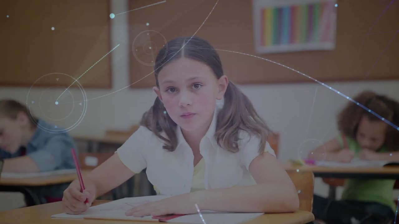 Animation of network of connections over schoolgirl writing