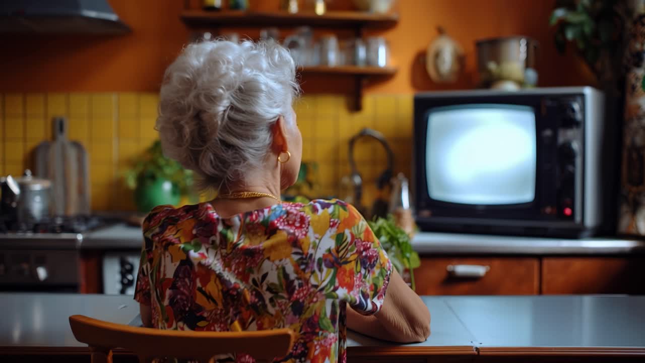 Senior woman sits, watching old TV. Kitchen holds warm, nostalgic colors. She wears floral dress, quiet, focused. Her back faces camera, calm, peaceful