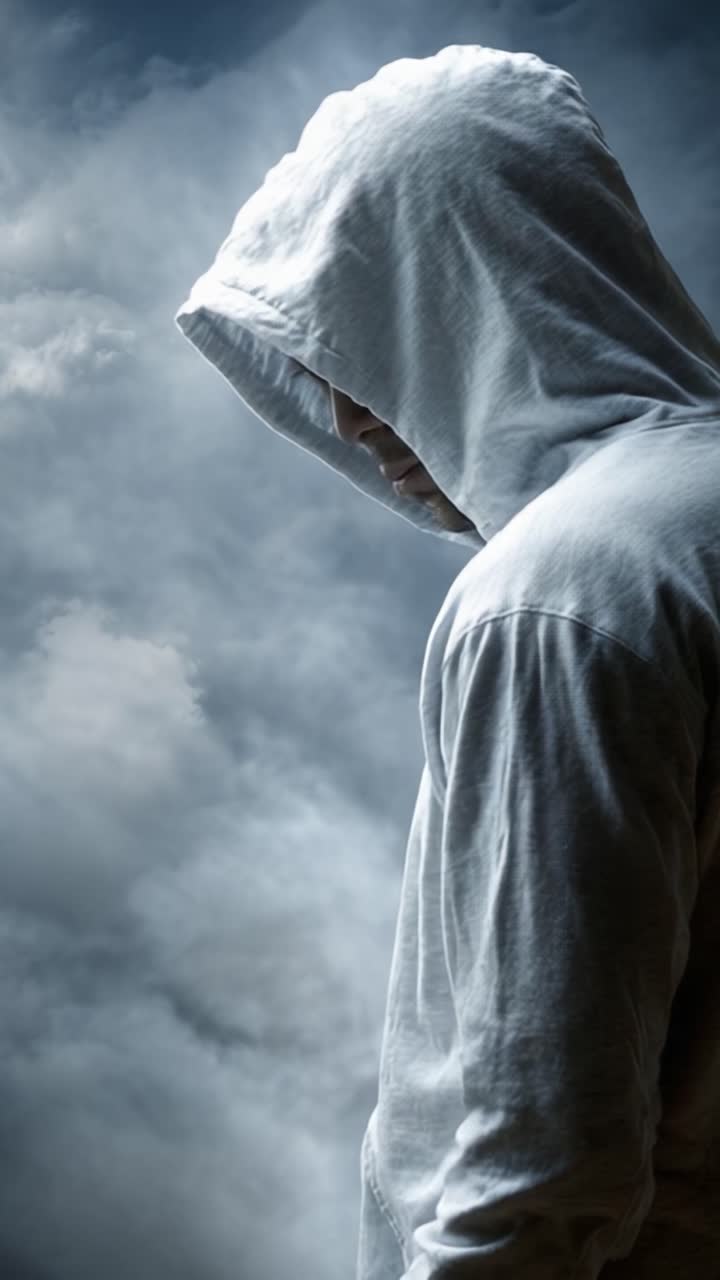 Una figura pensierosa, avvolta in una felpa grigia con cappuccio, si staglia contro uno sfondo di nuvole soffici e gonfie, emanando un'aura di mistero e introspezione.